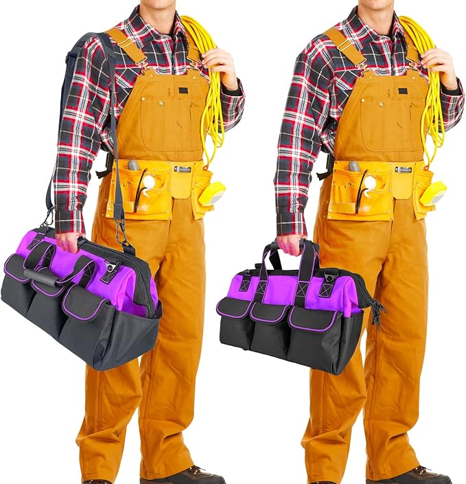 Women Heavy Duty Tool Bag with Molded base,Garden Storage Organizer for Tools,16 x 7.5 x 10.5 inches,600D Polyester Fabric (Purple)