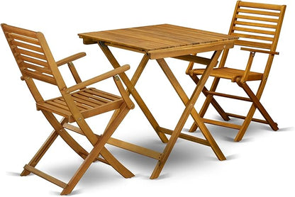 East West Furniture SEBS3CANA 3 Piece Folding Patio Bistro Sets Outdoor Set Contains a Square Acacia Wood Coffee Table and 2 Folding Arm Chairs, 26x26 Inch, Natural Oil