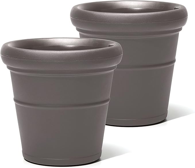 Step2 Claremont Tall Round Planter, Large Planters for Outdoor Plants, Gardening and Flower Pot for Patio or Porch, Efficient Drainage, Durable Plastic, Dark Cedar, 2-Pack