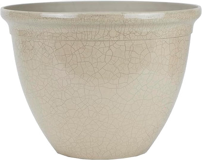 The HC Companies 16 Inch Tucson Round Planter Pots with Ceramic Look, Lightweight UV-Resistant Resin Indoor & Outdoor Planters, 1-Pack Flower Pots for Garden & Home Decor, Greige Crackle