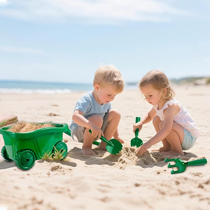 Duckura Kids Wheelbarrow Set - Gardening Tools for Kids with Shovel, Rake, Trowel, Outdoor Yard Lawn Digging Weed Toys, Easter Birthday Gifts for Boys Girls Age 2 3+Years Old(Green A)