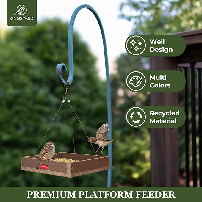 Kingsyard WPC Composite Platform Bird Feeder for Outside, Heavy Duty Hanging Tray for Mealworms & Seeds, 3.5 lbs Large Capacity, Weatherproof Recycled Plastic Material, Easy to Clean, Brown
