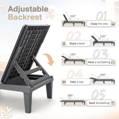 Homall Outdoor Lounge Chairs Set of 2, Quick Assembly & Waterproof Patio Chaise Lounge with Adjustable Backrest for Poolside, Beach, Garden (Grey)