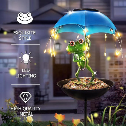 Solar Bird Feeder Frog Garden Decor, Outdoor Solar Lights with Umbrella, Hummingbird Feeder Decorative Path Lights Yard Art Ornament Bird Feeder (Frog)