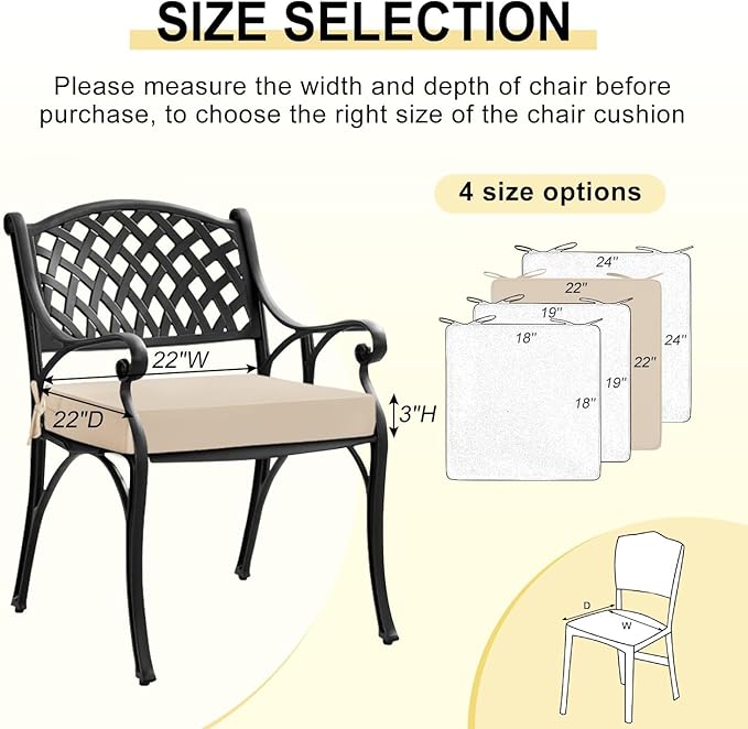 downluxe Waterproof Outdoor Chair Cushions for Patio Furniture, 22" x 22" x 3" Patio Chair Cushion with Adjustable Ties & Portable Handle, Square Outdoor Cushion with Removable Cover, Beige, 2 Pack