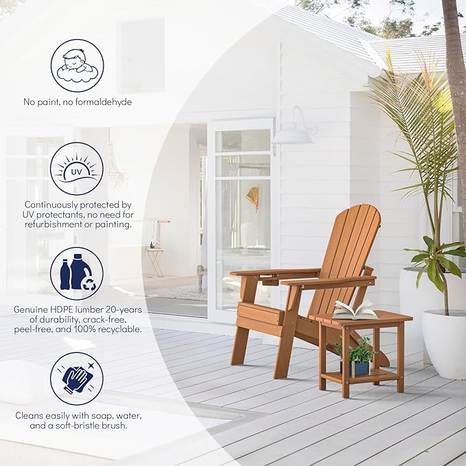 Plawdlik Folding Adirondack Chair, Cup Holder,SGS Tested, Wooden Textured, Heavy All-Weather HDPE Comfortable Set Poolside Backyard Lawn Teak Set 2