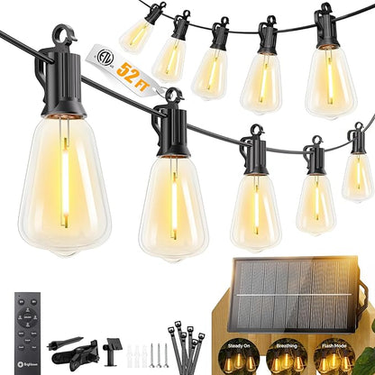 Brightown 52FT Solar String Lights Outdoor Waterproof, Patio Lights with Remote & Timer, USB/Solar Powered Dimmable Outdoor Lights, 15+1 LED Bulbs for Backyard Garden Camping Party - 26Hrs Runtime