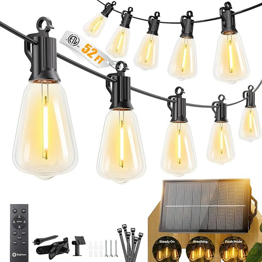 Brightown 52FT Solar String Lights Outdoor Waterproof, Patio Lights with Remote & Timer, USB/Solar Powered Dimmable Outdoor Lights, 15+1 LED Bulbs for Backyard Garden Camping Party - 26Hrs Runtime