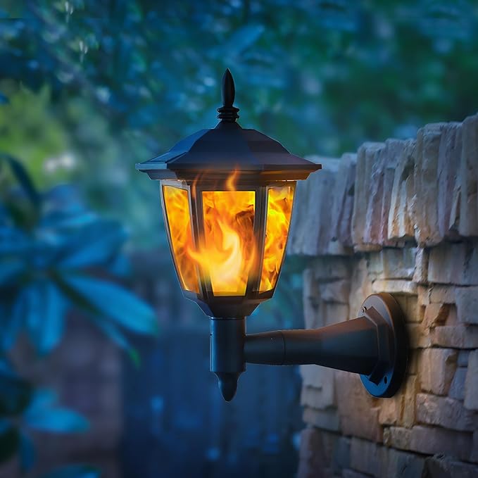 Dynaming 4 Pack Solar Flame Wall Lanterns Outdoor, Solar Powered Wall Mounted Sconce Lights, Flickering Flame LED Lights Auto On/Off Wall Hanging Lights, Waterproof for Garage Stair Patio Porch Yard