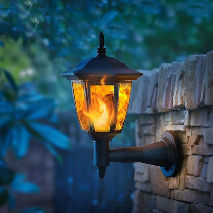 Dynaming 4 Pack Solar Flame Wall Lanterns Outdoor, Solar Powered Wall Mounted Sconce Lights, Flickering Flame LED Lights Auto On/Off Wall Hanging Lights, Waterproof for Garage Stair Patio Porch Yard