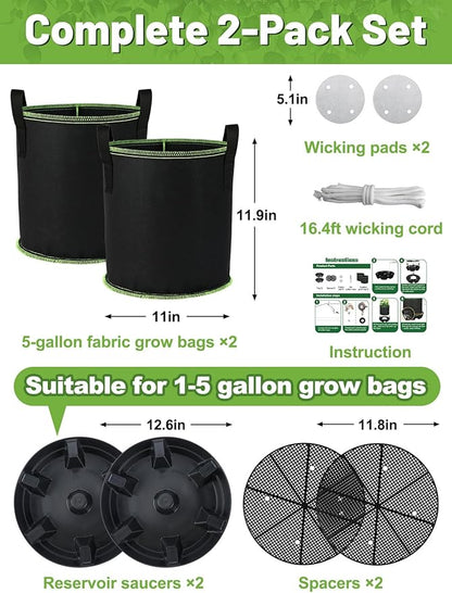 MADHOLLY Self Watering Pots for Indoor Plants with Grow Bags - 2 Pack 5 Gallon Thick Fabric Auto Irrigation Planter with Portable Handles, Water Storage Saucer, for Outdoor Vegetables, Herbs, Flower
