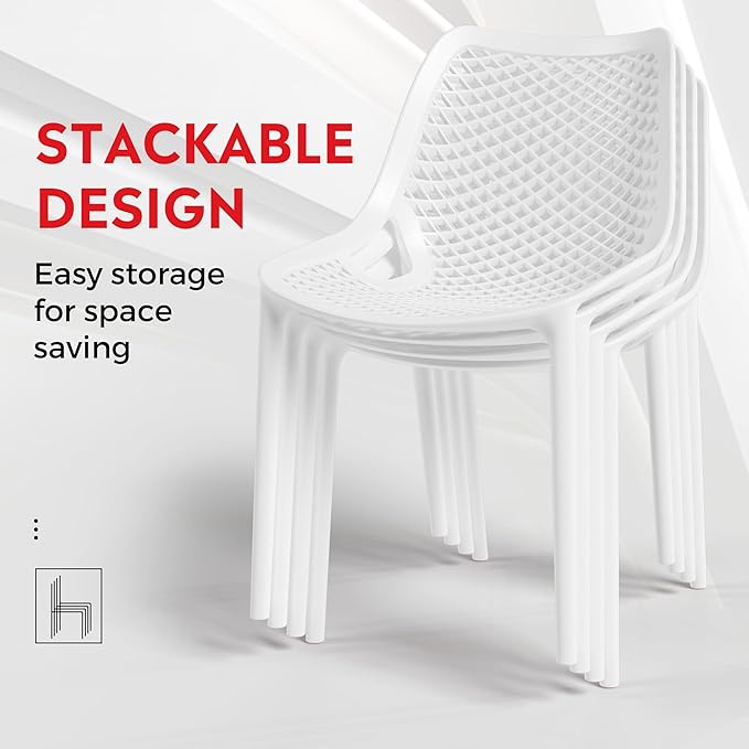 Costaelm Dining Room Chairs Set of 4, HDPE Patio Square Coffee Table and Stackable Chairs, Outdoor Deck Furnitures All Weather for Backyard Poolside, White