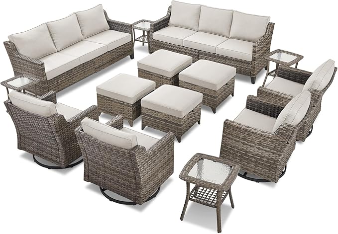 14 Piece Patio Furniture Set-High Back Outdoor Furniture Set Sectional Sofa with Wicker Swivel Patio Chairs,Comfy Cushions Ottomans for Porch Balcony Patio Deck Grey/Beige