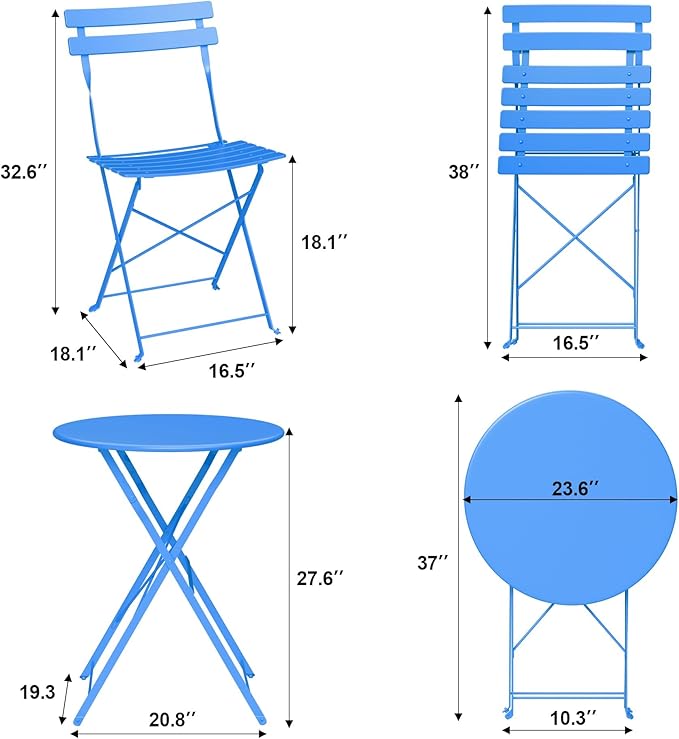 3-Piece Folding Bistro Set, Outdoor Patio Furniture Set with 2 Chairs & 1 Table, Space-Saving Foldable Balcony Garden Set with Heavy-Duty Powder-Coated Steel Frame, No Assembly Required, Blue
