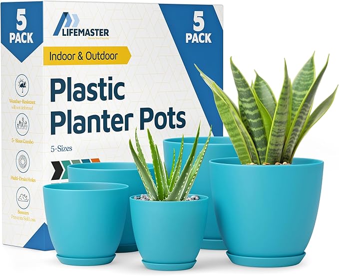 Blue Plant Pots with Drainage Holes & Saucers 5 Pack, Indoor & Outdoor Stackable Space-Saving Planters for Houseplants & Flowers, (7", 6.7", 6", 5.3", and 4.8" Inches), Durable & Weatherproof