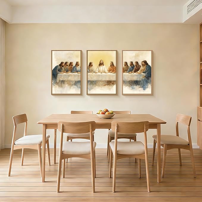 FWIEXA Jesus Last Supper Canvas Wall Art Set 3, Framed Christian Easter Decor Painting, Religious Boho Prints , Bible Watercolor Artwork, 16x24In Verse Scripture Pictures for Living Room,Bedroom,Prayer Room