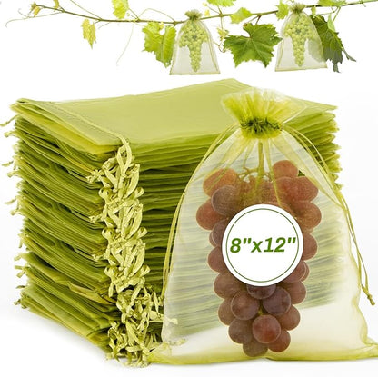 Sukh 50PCS Fruit Protection Bags - 8"x12" Fruit Cover for Fruit Tree Netting Fruit Nets to Protect Tomato Grape Mesh Fruit Organza Bags Green Net Produce Bag for Fruits & Vegetables Reusable