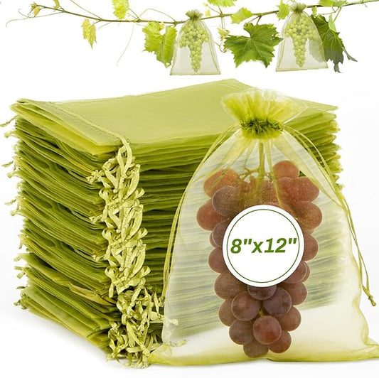 Sukh 50PCS Fruit Protection Bags - 8"x12" Fruit Cover for Fruit Tree Netting Fruit Nets to Protect Tomato Grape Mesh Fruit Organza Bags Green Net Produce Bag for Fruits & Vegetables Reusable