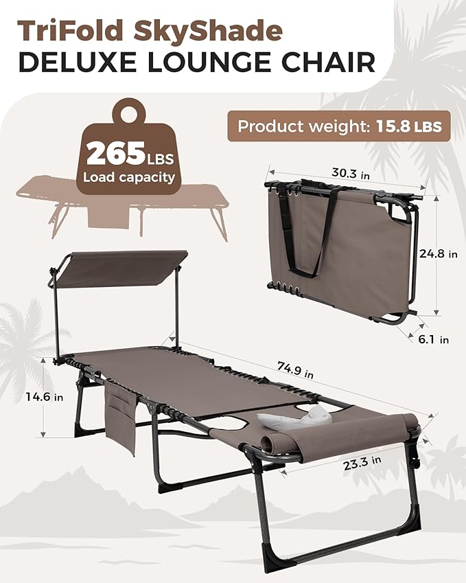 KingCamp 2 Pack Tanning Chair with Face Hole, Lounge Chairs Outdoor Folding Portable Comfy Adjustable 5-Position Foldable Chaise Chaser with Canopy Shade for Outside Beach Patio Sun Bathing, Beige
