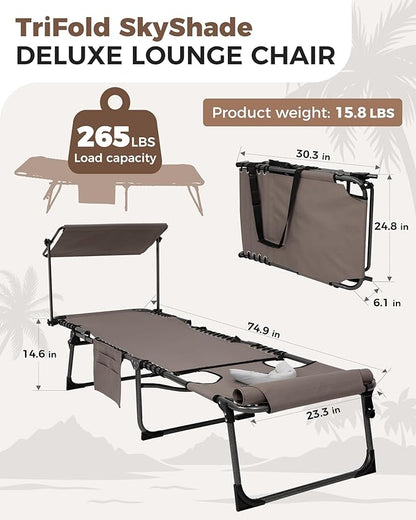 KingCamp 2 Pack Tanning Chair with Face Hole, Lounge Chairs Outdoor Folding Portable Comfy Adjustable 5-Position Foldable Chaise Chaser with Canopy Shade for Outside Beach Patio Sun Bathing, Beige