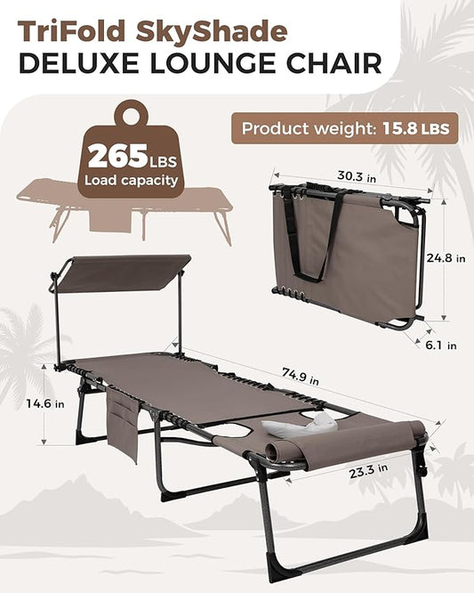 KingCamp 2 Pack Tanning Chair with Face Hole, Lounge Chairs Outdoor Folding Portable Comfy Adjustable 5-Position Foldable Chaise Chaser with Canopy Shade for Outside Beach Patio Sun Bathing, Beige