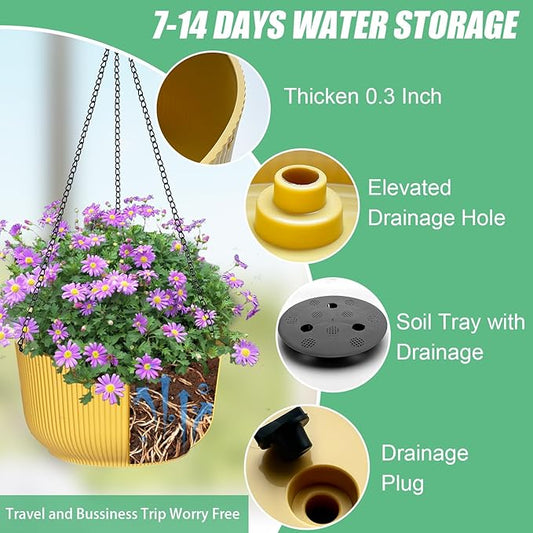 Hanging Planters 9/10/11 Inch for Indoor Plants, 3 Pack Plant Hanger Outdoor with Drainage Holes, Self Watering Hanging Basket Flower Pot for Garden Home Decor, Yellow
