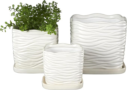 Deco 79 Ceramic Indoor Outdoor Planter Wavy Ribbed Large Planter Pot with Attached Saucer, Set of 3 Planters 7",6",5" H, White