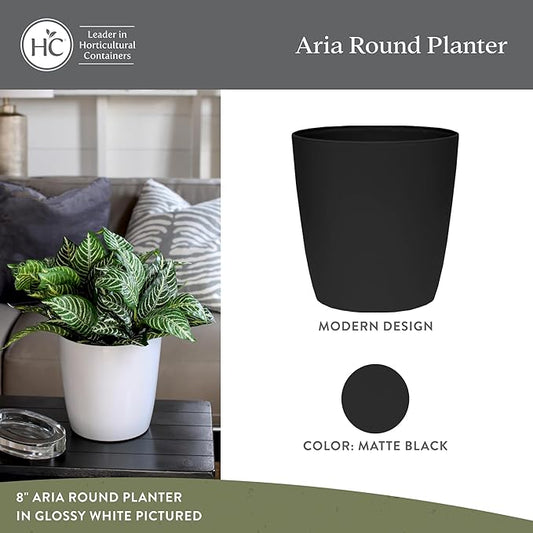 The HC Companies Aria Round Self-Watering Pot - Lightweight Plastic Planter for Herbs & More - Durable Plant Pots for Indoor Plants & Outdoor Plants (8" Matte Black, Pack of 1)