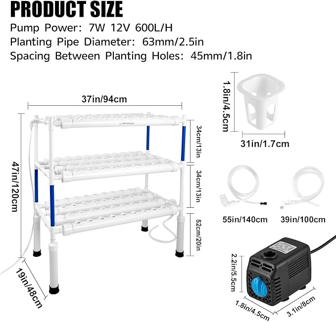 Upgraded Hydroponics Growing System Kit,108 Plant Sites 3 Layers Food-Grade PVC-U Pipes Hydroponic Grow Kit Gardening System for Vegetables,Flowers,Fruits,Herbs