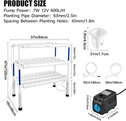 Upgraded Hydroponics Growing System Kit,108 Plant Sites 3 Layers Food-Grade PVC-U Pipes Hydroponic Grow Kit Gardening System for Vegetables,Flowers,Fruits,Herbs