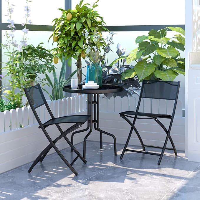 Giantex 3 Pcs Bistro Set Garden Backyard Round Table Folding Chairs, with Rust-Proof Steel Frames & Reinforced Glass Design Outdoor Patio Furniture, Black