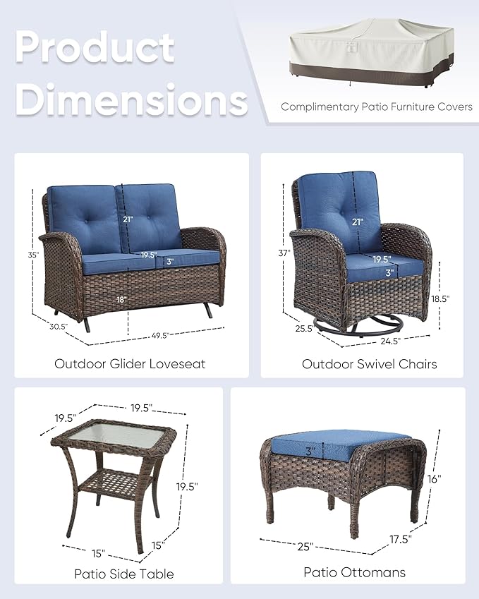6 Pieces Patio Wicker Furniture Set-Outdoor Swivel Chairs Set of 2 Outdoor Glider Love seat with Outdoor Footstool Patio Furniture for Deck Porch Garden Balcony Poolside-Brown/Blue
