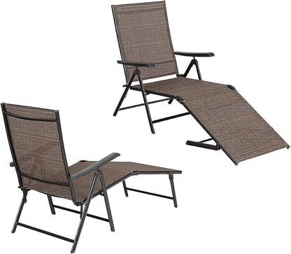 MFSTUDIO 2 Piece Outdoor Folding Patio Chaise Lounge Chairs, Set of 2 Outdoor Textiline Recliner Chairs Patio Lounge with 7 Position Adjustable for Beach, Backyard, Poolside, Lawn(Brown)