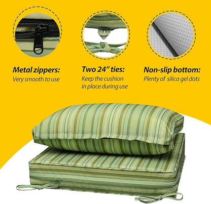 AAAAAcessories Outdoor Seat Cushions for Chairs, Fade-Resistant, Waterproof Patio Furniture Replacement Cushions, 25.5" x 25.5" x 5" + 25.5" x 13.5", Mossy Forest Stripe