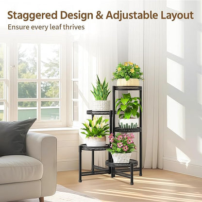 LASZOLA 5 Tiered Folding Tall Plant Stand for Indoor Outdoor Corner, Larger Heavy Duty Metal Adjustable Multiple Rack with 10 Inch Wide Hollow Tray, Flower Planter Holder for Modern House Patio, Black