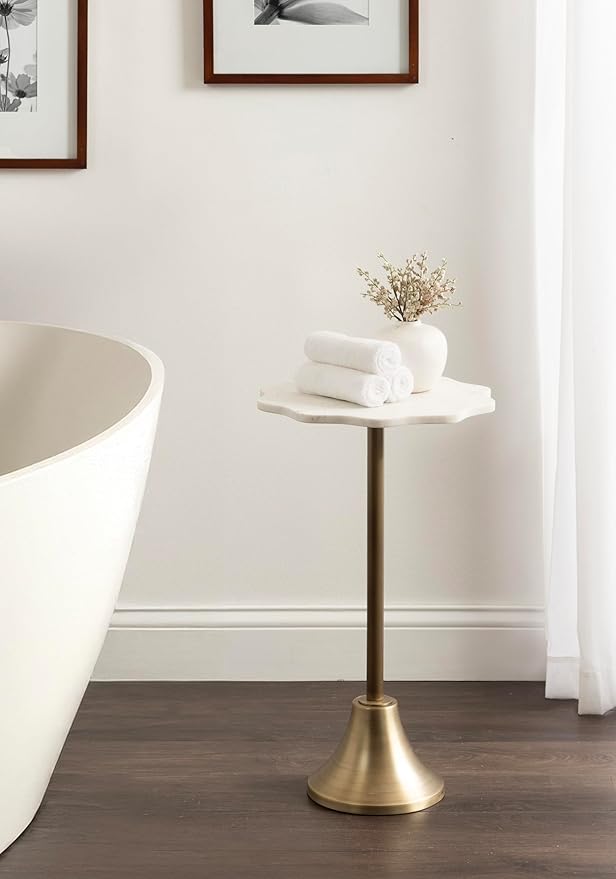 Kate and Laurel Sanzo Modern Round Side Table, 14 x 14 x 24, White Marble and Antique Brass, Decorative Circle End Table with Scalloped Marble Tabletop for Indoor Plant Stand or Bedroom Nightstand