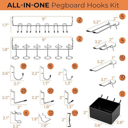 INCLY 278PCS Pegboard Accessories Organizer Kit, Peg Board Hooks Assortment with Bins for Organizing Various Tools, Fit 1/8 or 1/4 inch Pegboard for Hanging Storage, Garage Wall Attachments