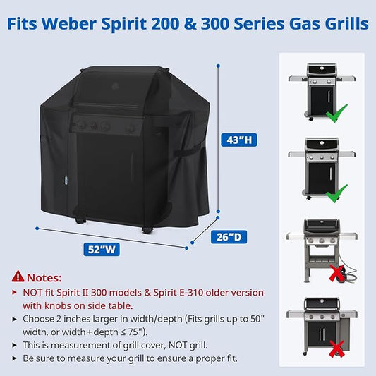 SunPatio BBQ Grill Cover 52 Inch, Outdoor Durable Waterproof Gas Barbecue Cover, Compatible for Weber Spirit 200 and 300 Series, Charbroil and Kenmore Grills, Compared to Weber 7106, 52" x 26" x 43"H