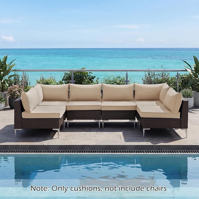 HOMREST 14-Piece Outdoor Cushions for Patio Furniture, 25x25 Inch Deep Seat Replacement Cushions Set with Water-Resistant Cover & Non-Slip Base, Fits 6-Seat Rattan Wicker Sectional Sofa, Khaki