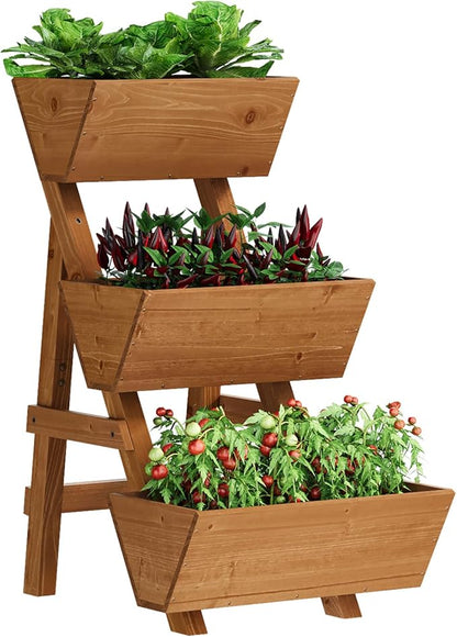 Vertical Wooden Raised Garden Bed, Garden Planters Freestanding Wood Plant Stand Flower Rack Wooden Planter Box for Plants Herbs Flowers Vegetables Outdoor Indoor Gardening (3-Tier Small Brown)