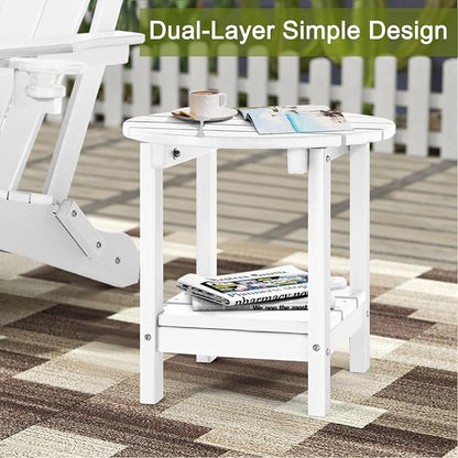 Adirondack Outdoor Side Tables, 2-Tier Round Outdoor Table, Weather Resistant HDPE Patio End Table for Garden, Lawn, Pool, Beach, Porch, Deck, Backyard - White