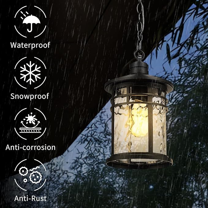 Darkaway Dusk to Dawn Outdoor Pendant Light, 14inch Hanging Porch Light Outdoor Chandelier Ceiling Mount Waterproof Pendant Lights with Water Ripple Glass for Patio Entrance Foyer Entryway