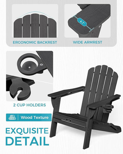 Folding Adirondack Chairs Set of 4,All-Weather HDPE Fire Pit Chair with 2 Cup Holders, Plastic Outdoor Chair for Patio Deck Garden Lawn, Black