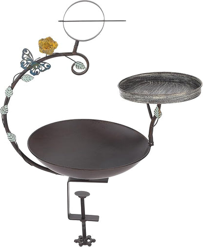 Deck Mounted Bird Bath, 2 in 1 Bird Feeder for Balcony with Fruit Spear, Railing Bird Feeder for Porch Patio Garden