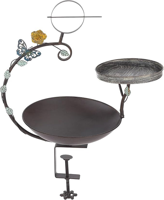 Deck Mounted Bird Bath, 2 in 1 Bird Feeder for Balcony with Fruit Spear, Railing Bird Feeder for Porch Patio Garden