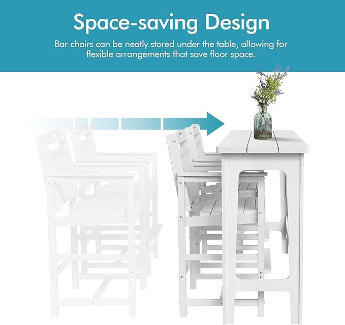 Ciokea Heavy-Duty Outdoor Bar Set, Rectangle High Top Table and 2 Oversized Adirondack Chairs Set, HDPE Modern Patio Bar Set for Outside Bistro Backyard Balcony Deck Outside, White