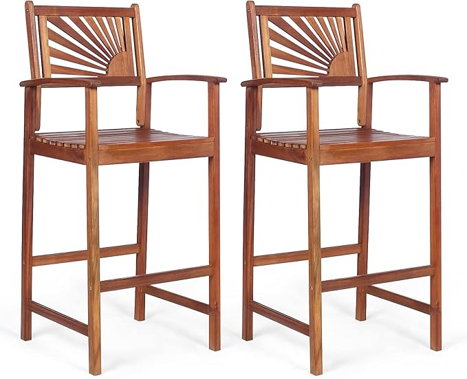 COSTWAY Bar Stools Set of 2, Outdoor Acacia Wood Bar Chairs with Sunflower Backrest, Curved Armrests & Breathable Seat, Ideal for Balcony, Sunroom, Patio, Easy Assembly
