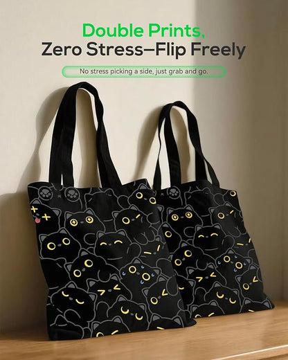 METALPHA Aesthetic Tote Bag for Women Girls - Resuable Double-Sided Printed Canvas Tote Bag with Snap Closure and Pocket