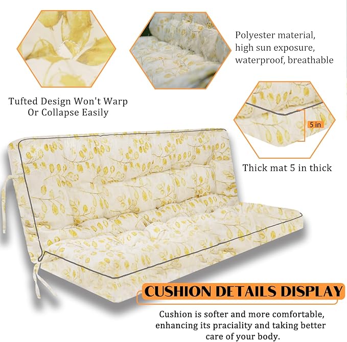 Swing Replacement Seat Cushions, 2-3 Seater Bench Cushions for Outdoor Furnitur with Backrest, Garden Recliner Seat Cushions Waterproof Sofa Pads (Yellow Leaves, 63x40in)