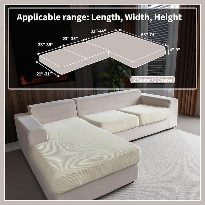 OHSIO Sectional Couch Covers, Wear Resistant Stretch Sofa Covers Washable Soft Couch Cushion Covers Anti Slip Furniture Protector Sofa Slipcovers for Pets(3 Pieces 2 Seaters+1 Chaise, Ivory)